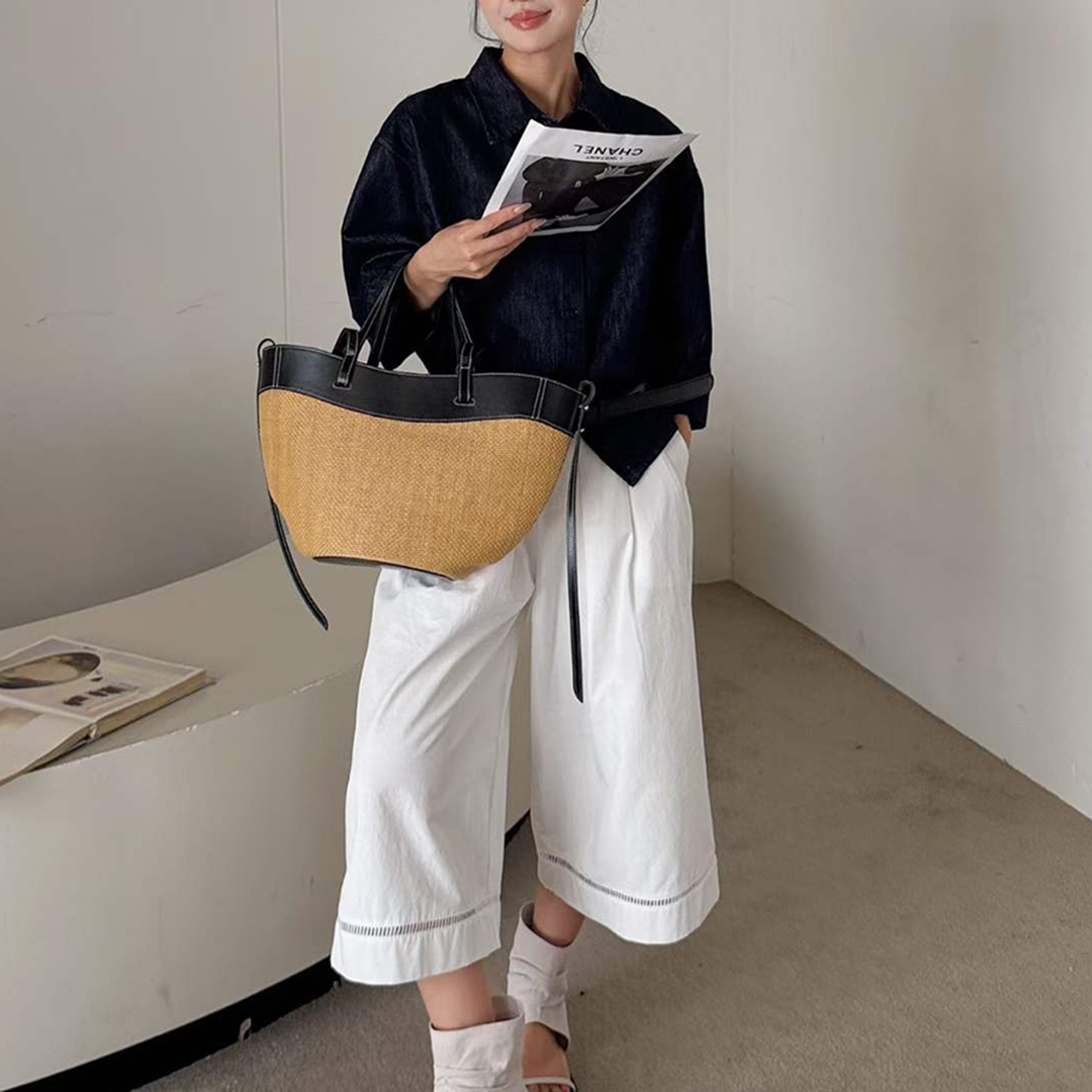 Women'S Raffia Bags - Mendy Genuine Leather Natural Raffia Tote